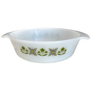 Vintage 70's Anchor Hocking Fire King Meadow Green Pattern 1 Quart Round Dish